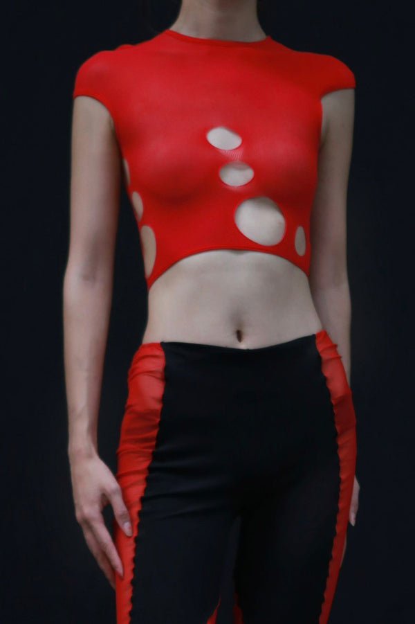 Rui Zhou Semi-transparent hollow top RUI-RAW23JW01R-HONG Red Ruby RAW23JW01